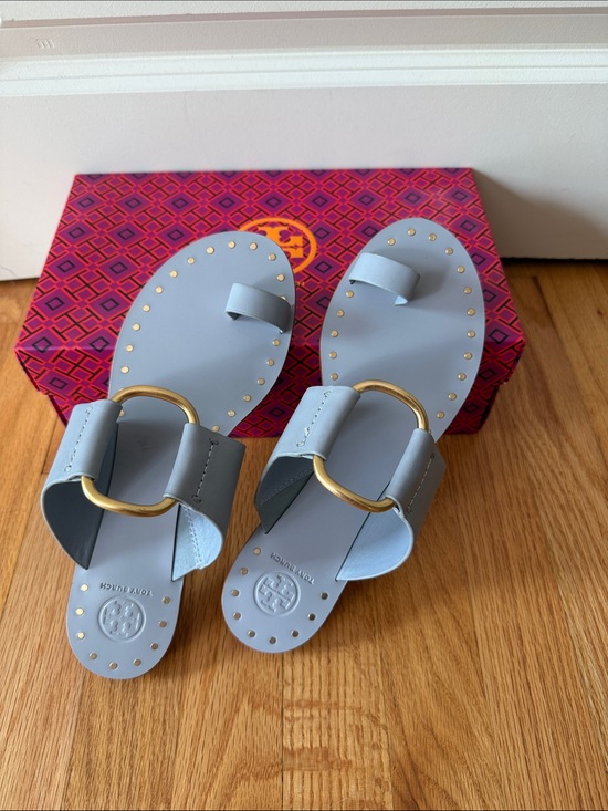 Tory Burch Shoes - Tory Burch Light Blue Leather Ring-Accent Slide Sandals